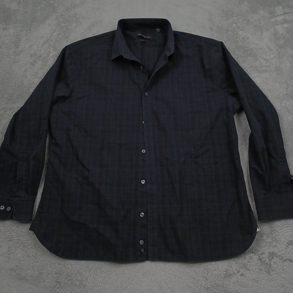 John Varvatos Shirt Mens 17 Black Slim Fit Plaid Button Up Long Sleeve Preppy